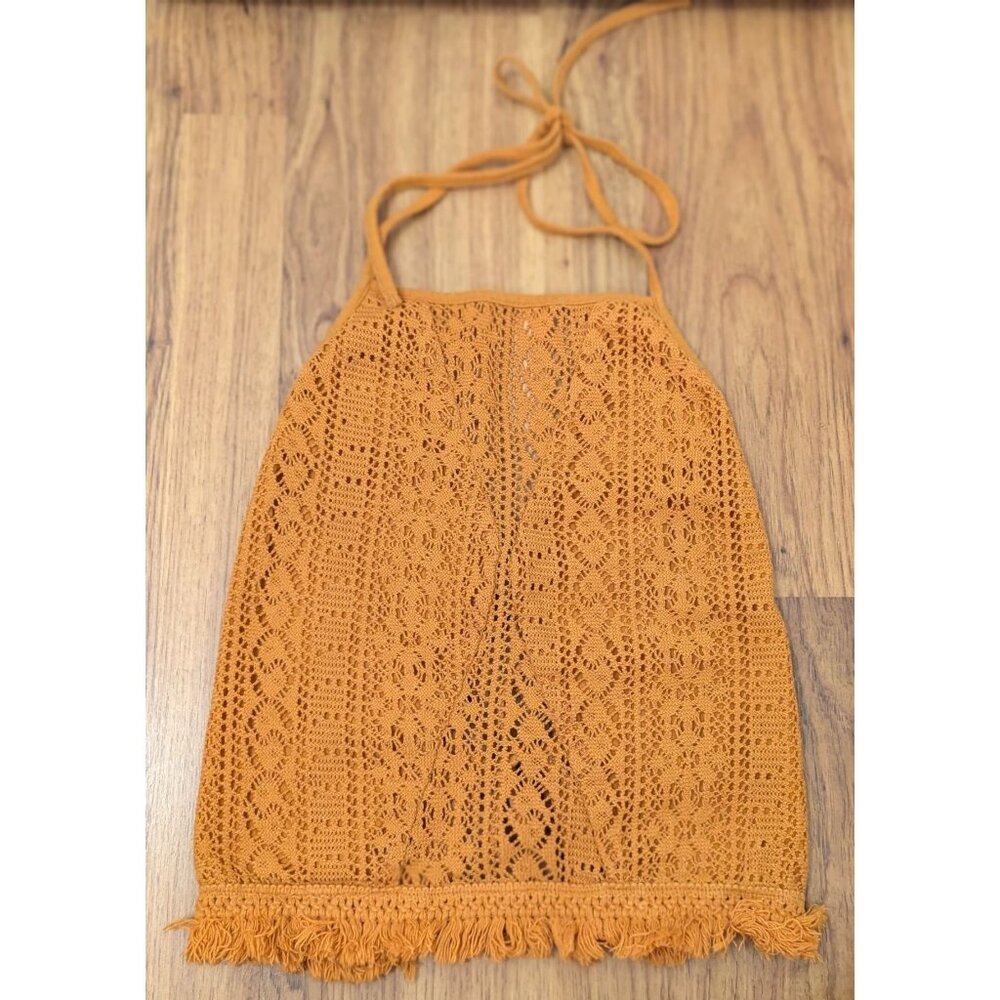Crochet Halter Top Boho Style Mustard Yellow Adjustable Tie Back & Fringe Detail